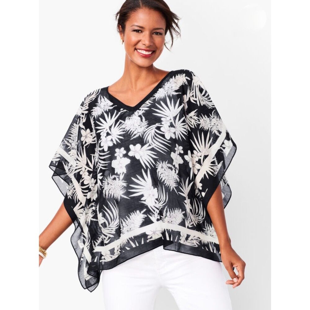 TALBOTS Botanical V-Neck Poncho, Cotton/Silk, Black/White, Armholes, Sz XL